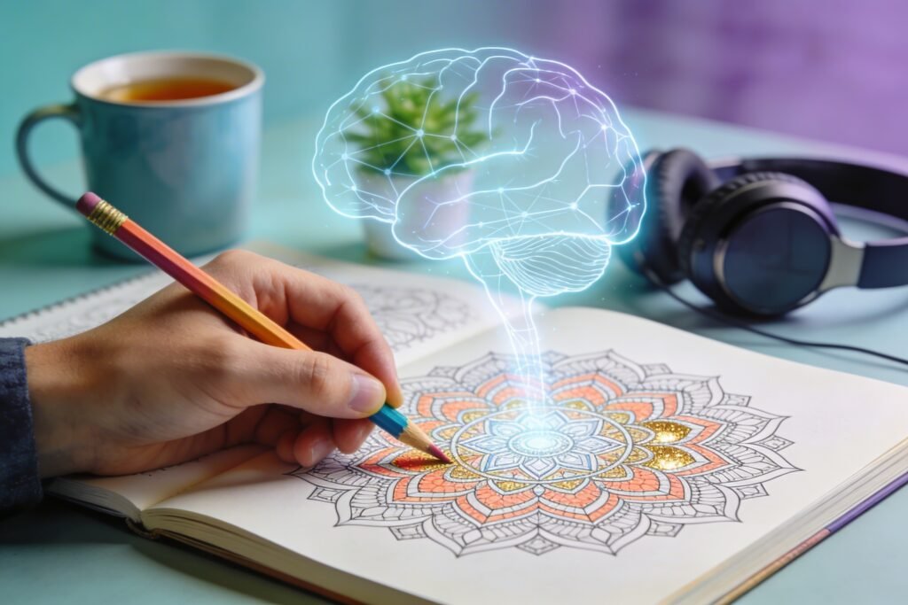 man holding a color pencil while his brain is receiving the benefits